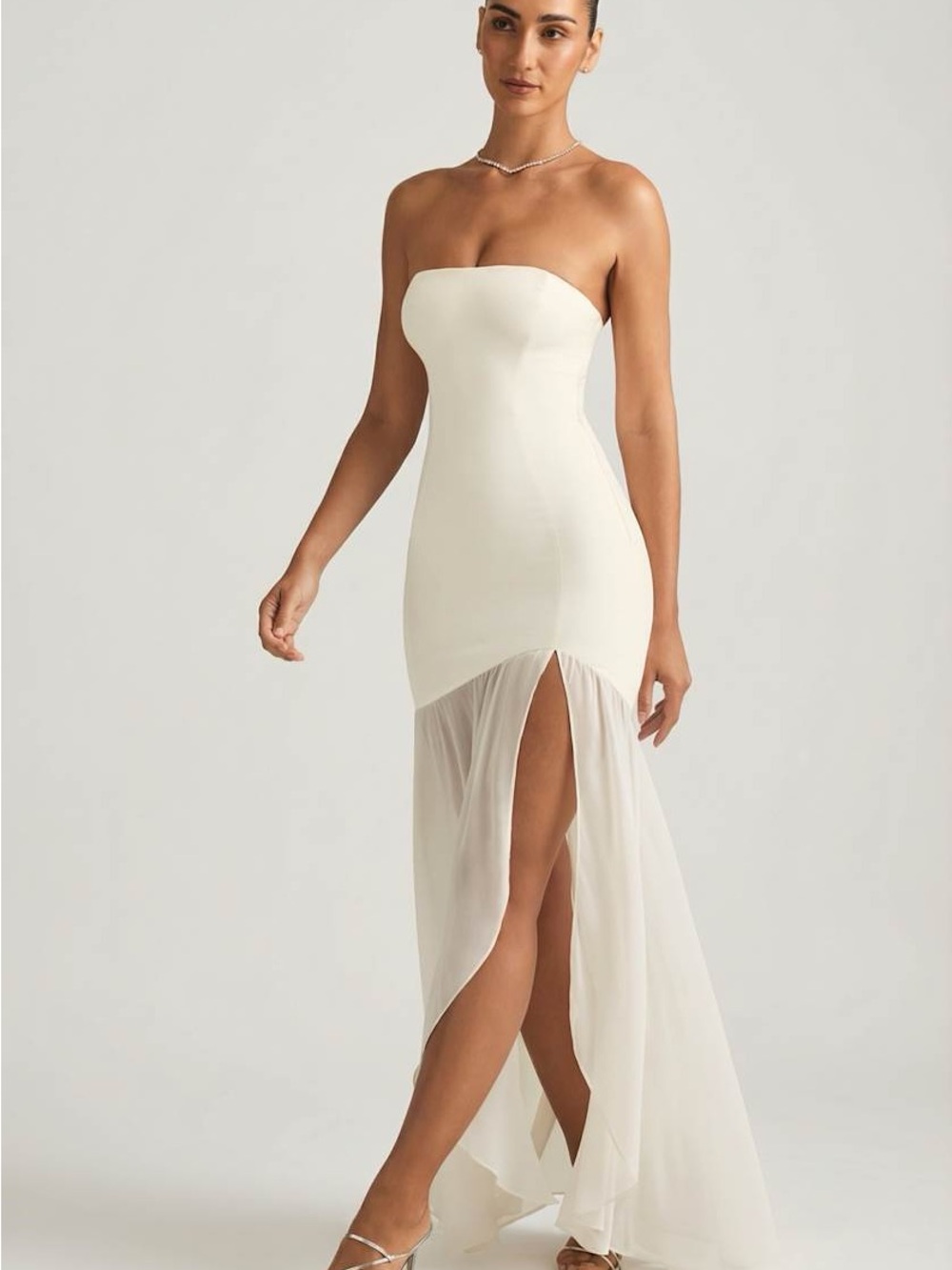 NWT Oh Polly Melina Asymmetric Strapless Fishtail Maxi Dress in Ivory